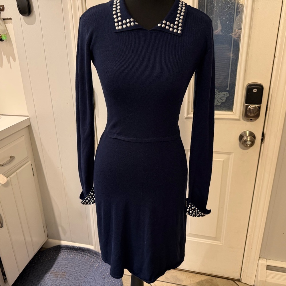 Planet Gold Elegant Navy Dress with Pearl Accents - Picture 2 of 5